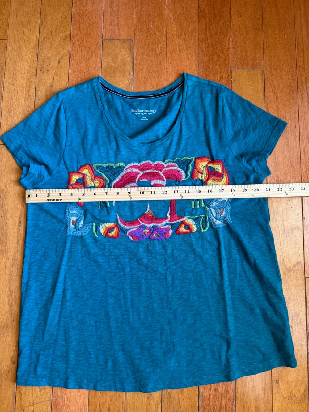 Soft Surroundings Teal Organic Cotton Shirt Floral Embroidered Size Large Top - Picture 6 of 6